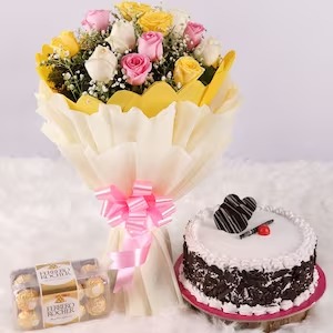 Bunch Of Mix Roses & Rocher With Black Forest Cake